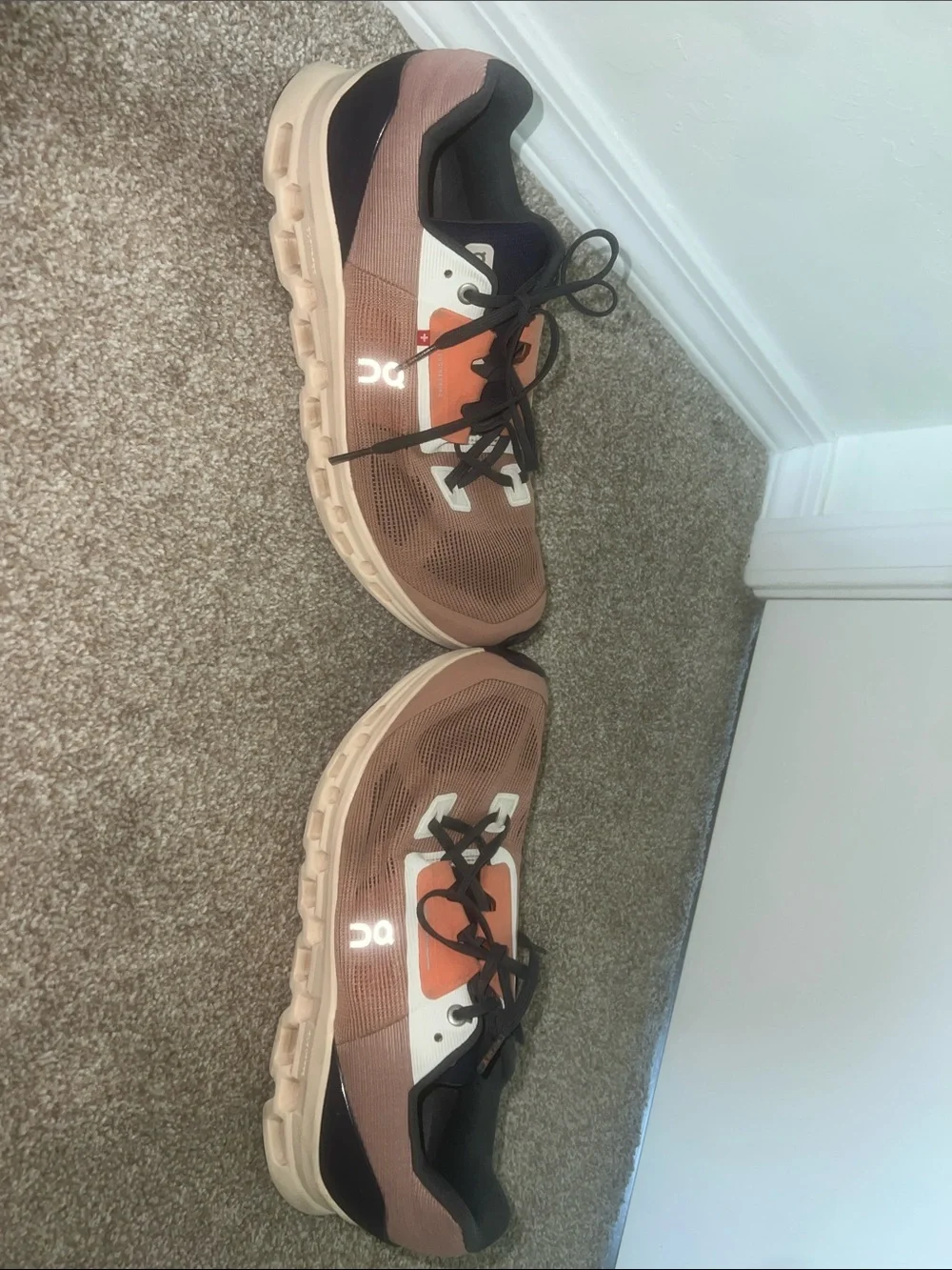Rose colored OnClouds with orange, navy blue, and white accents. - Picture 5 of 5